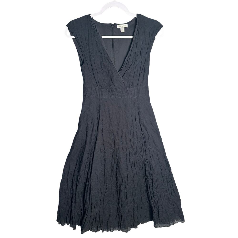 Garnet Hill Sz 2 Black Crinkle Fit & Flare Cap Surplice Midi Dress Metallic‎